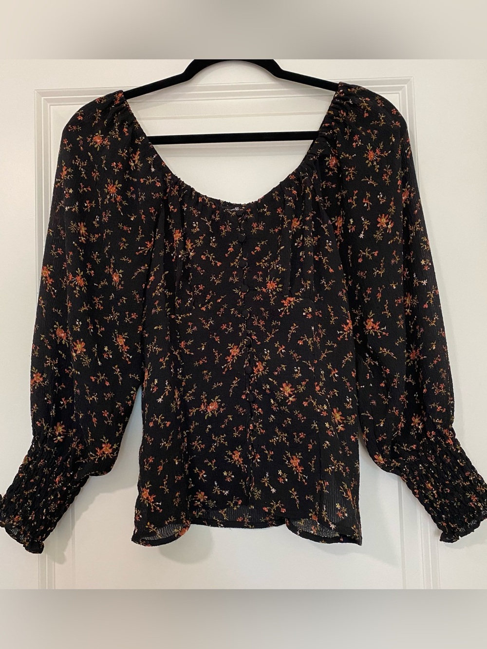 Madewell Black Floral Puff-Sleeve Peasant Blouse
